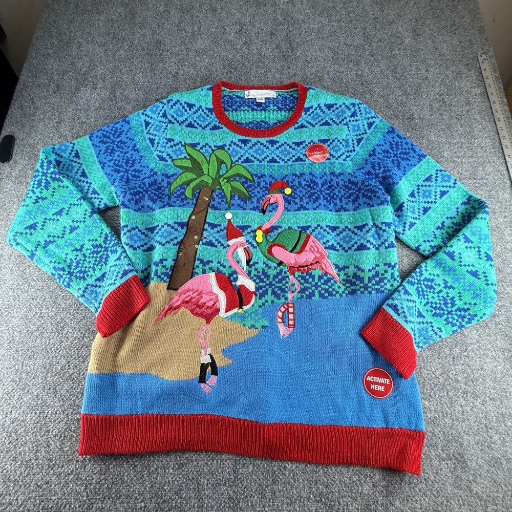 Jolly Sweaters Flamingo Light Up Christmas Sweater XL Blue Green Red Tropical